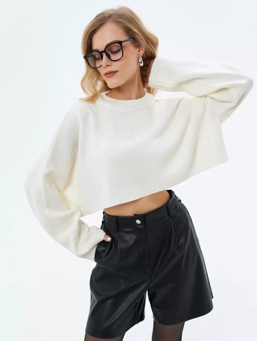 Damen Crop-Pullover im lässigen Oversized-Stil mit weiten Ärmeln und strukturiertem Design Amawinc