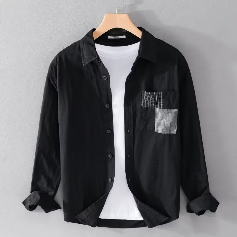 Chemise Homme Manches Longues Amawinc En Coton Mélangé Coupe Décontractée Avec Poche Plaquée Boutonnée