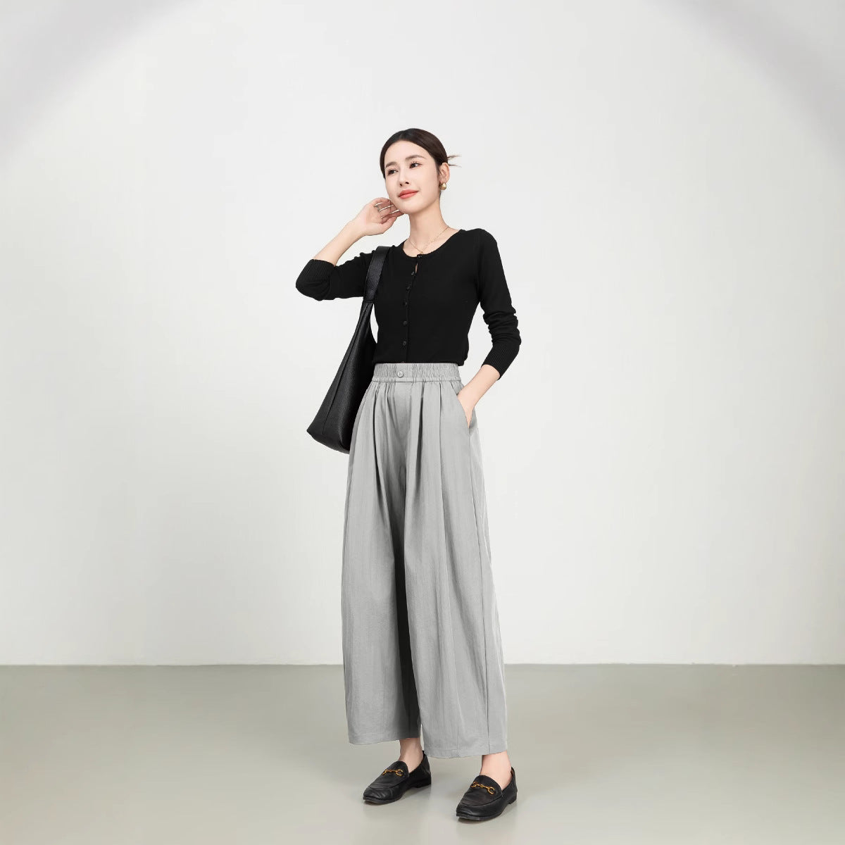 Pantalon Femme À Jambes Larges Taille Haute Élastique Twill Léger Coupe Décontractée Amawinc