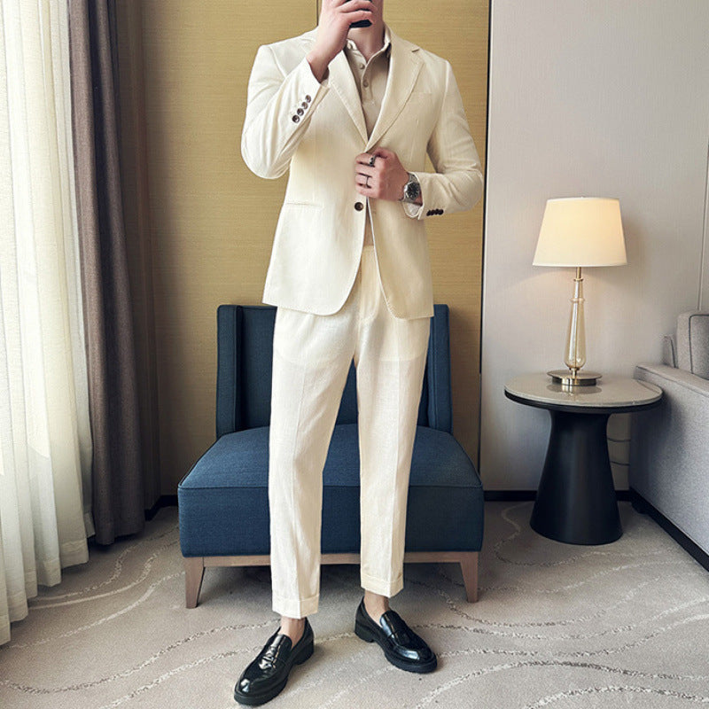Veste Homme Slim Fit En Mélange Coton Lin À Simple Boutonnage Et Revers Cranté Pour Décontracté Ou Formelle