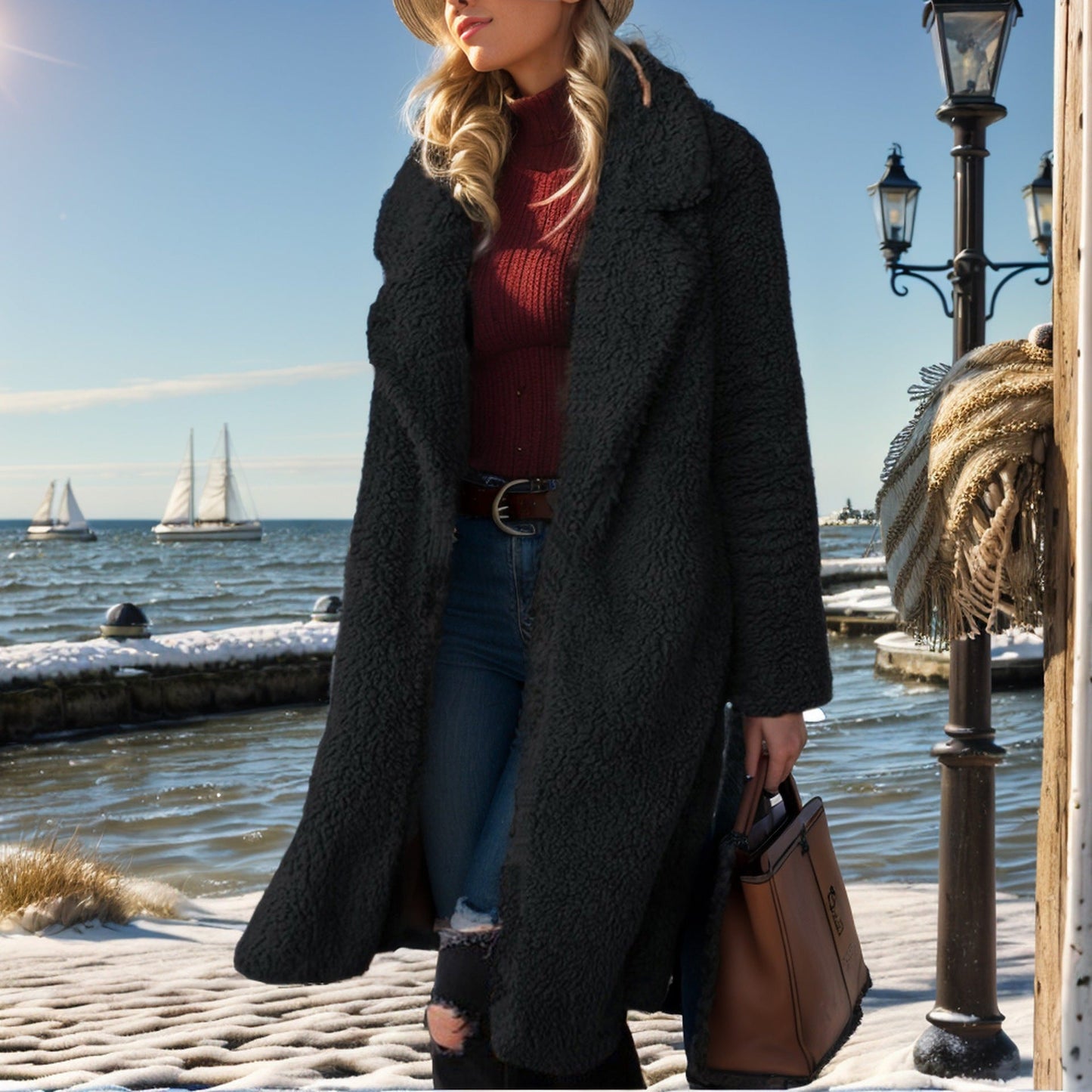 Damen kuscheliger Übergröße-Mantel mit Teddyfell Amawinc