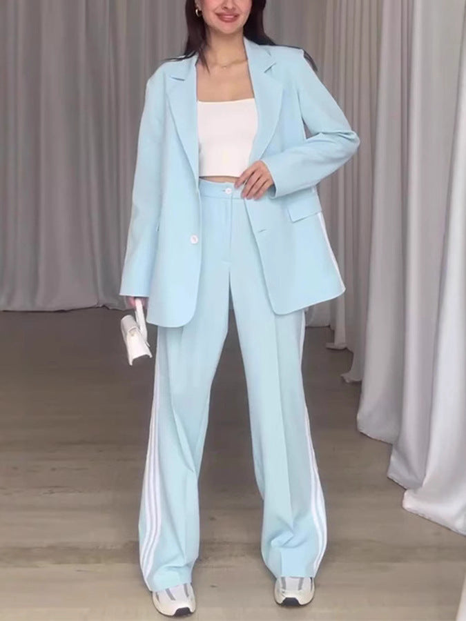Damen Modisches Blazer-Hosen-Set mit kontrastierenden Streifen Amawinc