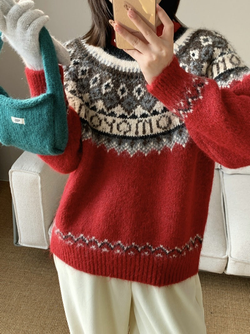 Damen Grobstrickpullover mit zeitgenössischen Norweger-Mustern Amawinc