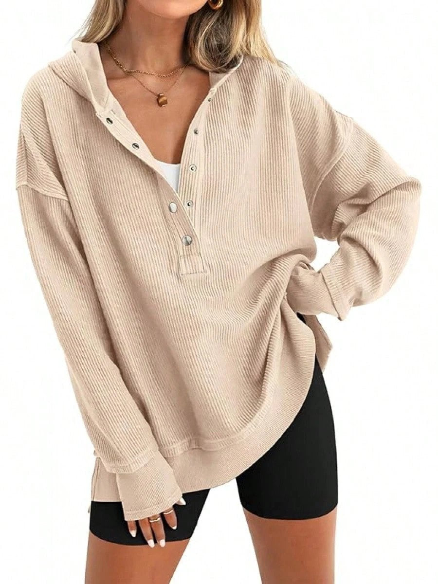 Damen Lässiger Kapuzenpullover mit Knopfdetails und überschnittenen Schultern Amawinc