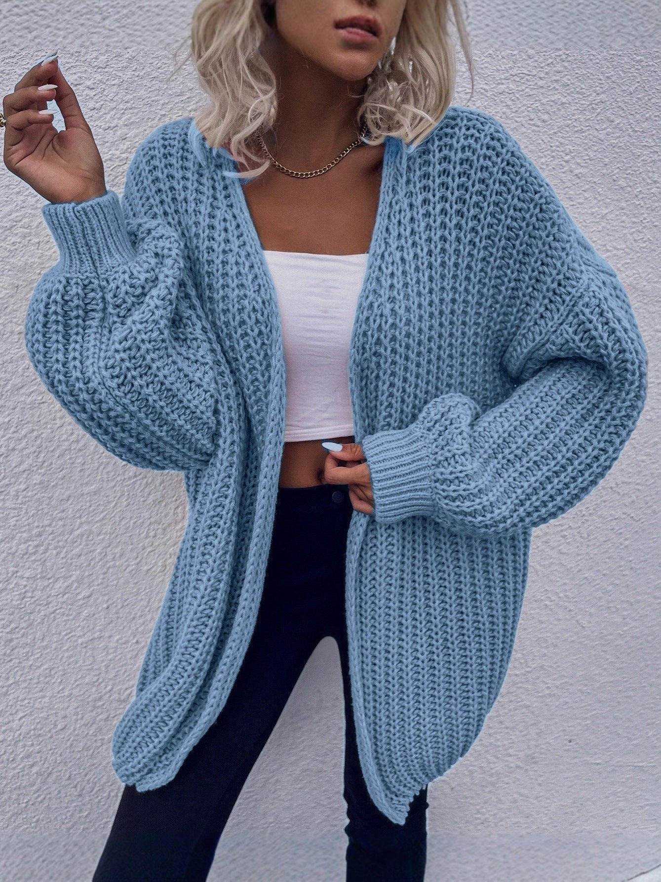 Damen lässiger Grobstrick-Cardigan mit tiefen Taschen und voluminösen Ärmeln Amawinc