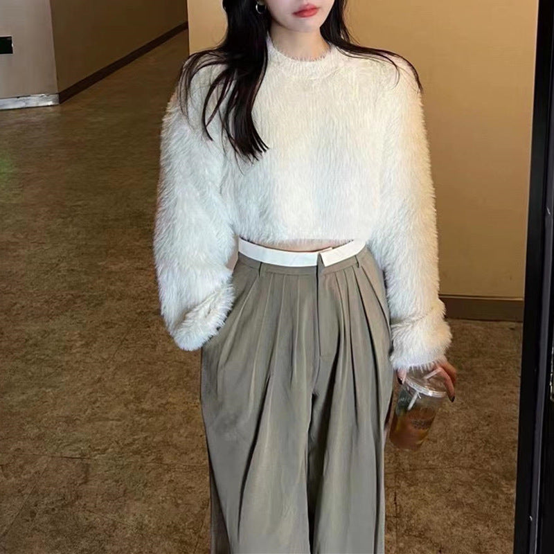 Damen modischer cropped Pullover mit weichem Flausch-Material Amawinc