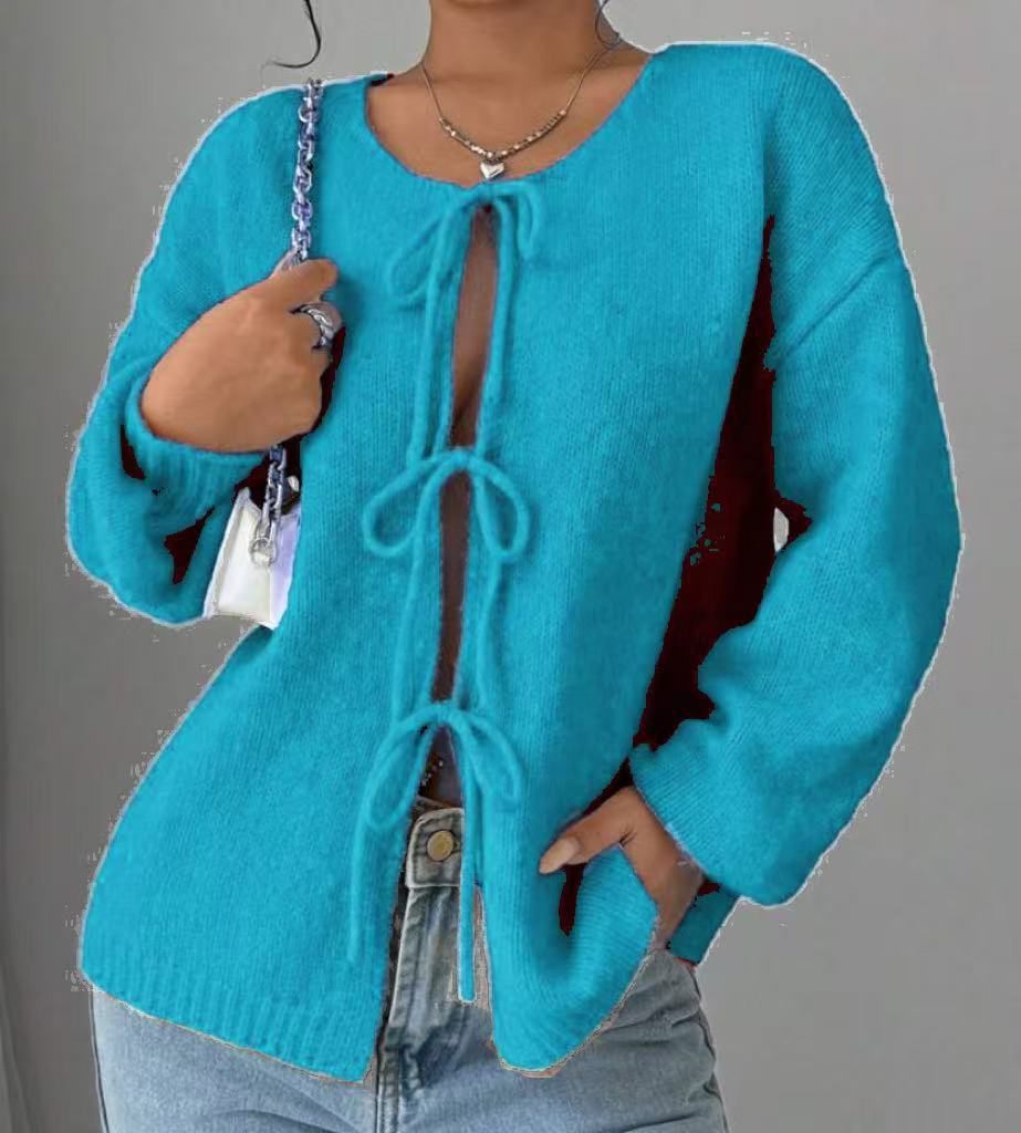 Damen Oversized Strickpullover mit dekorativem Schnürdetail Amawinc