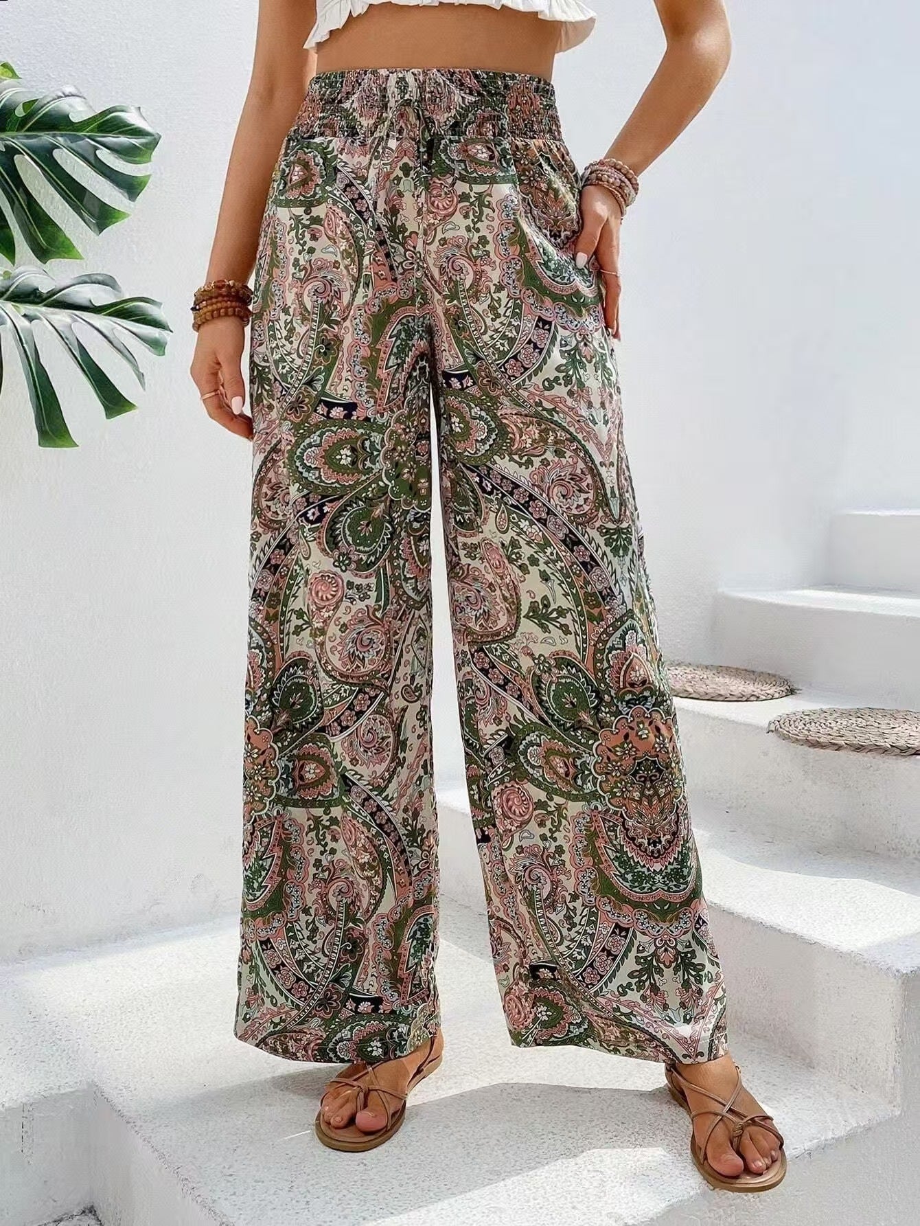 Pantalon Femme Ample Taille Élastique Respirant Léger Imprimé Bohème Style Nordique Confortable Idéal Été