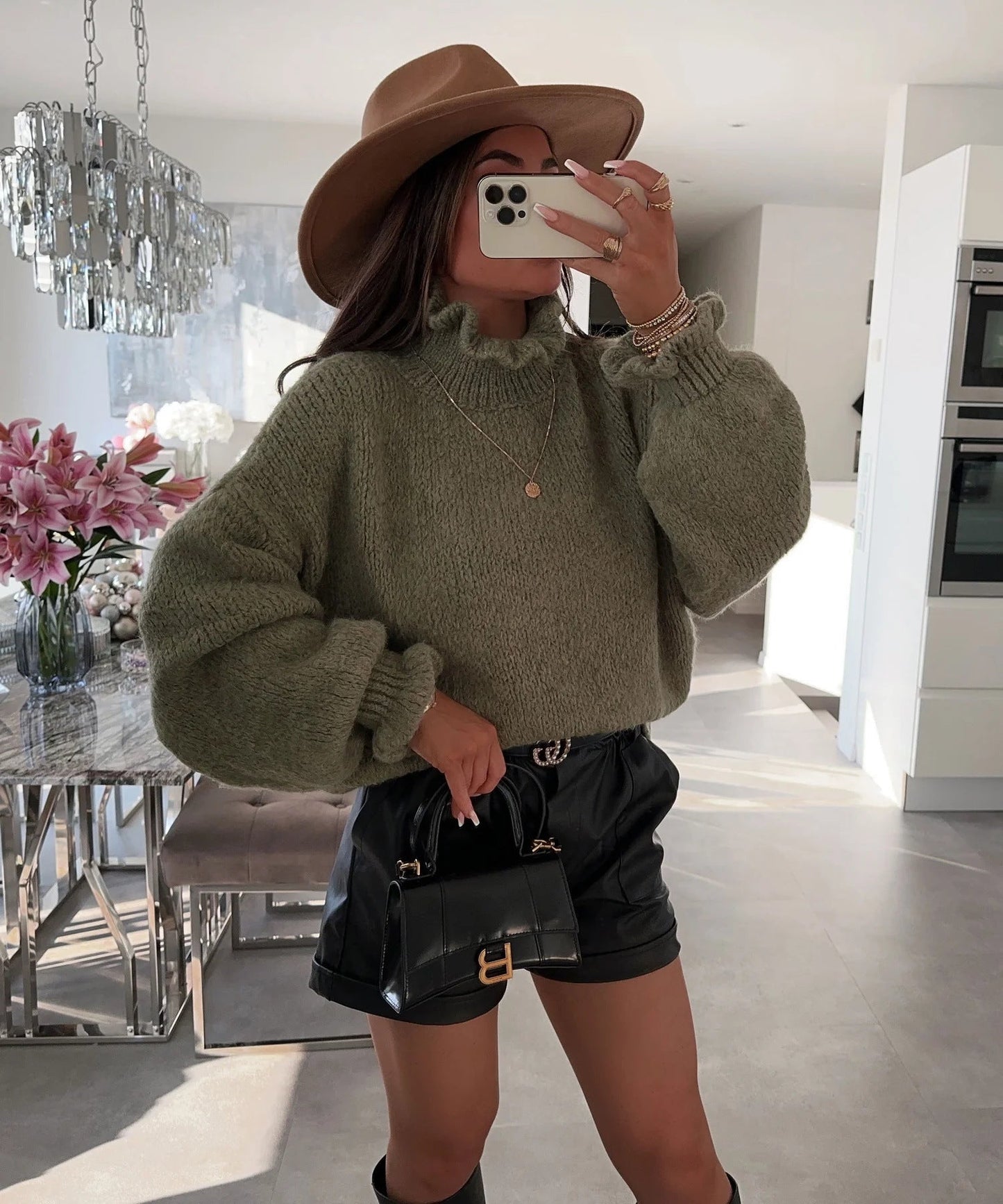 Damen kuscheliger Rollkragenpullover mit weiten Ärmeln und strukturellem Design Amawinc