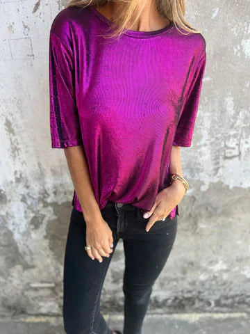 Blouse Femme Coupe Décontractée Manches Courtes Tissu Scintillant Fluide Léger Nordisk Flair