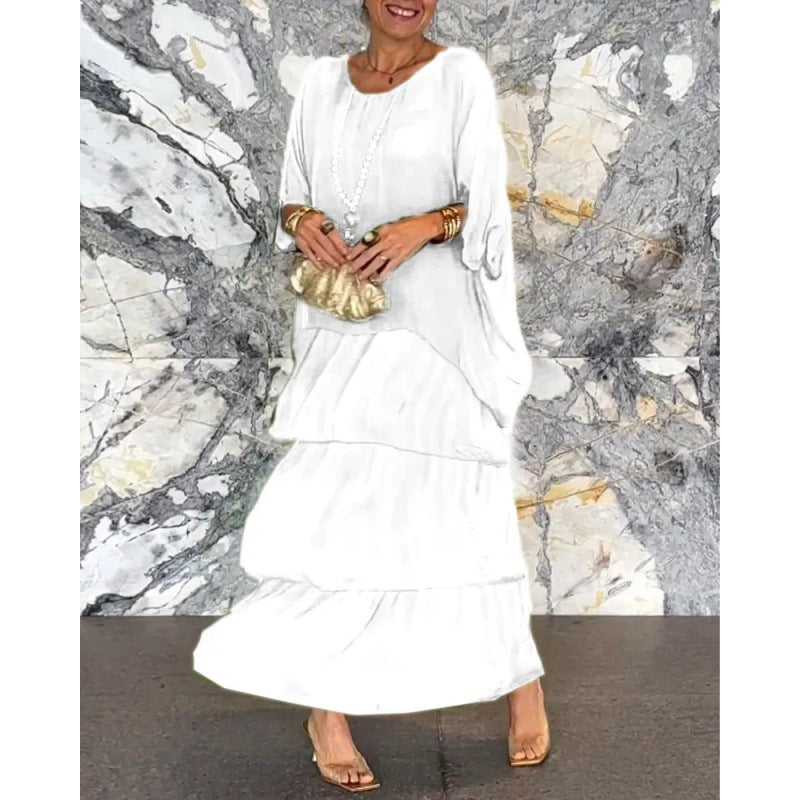 Elegantes langes Damenkleid mit Rundhalsausschnitt und Fledermausärmeln von Fudus