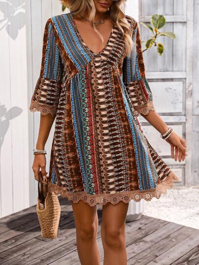 Robe Été Pour Femme Coupe A Line Décolleté En V Motif Bohème Dentelle Manches Trois Quart