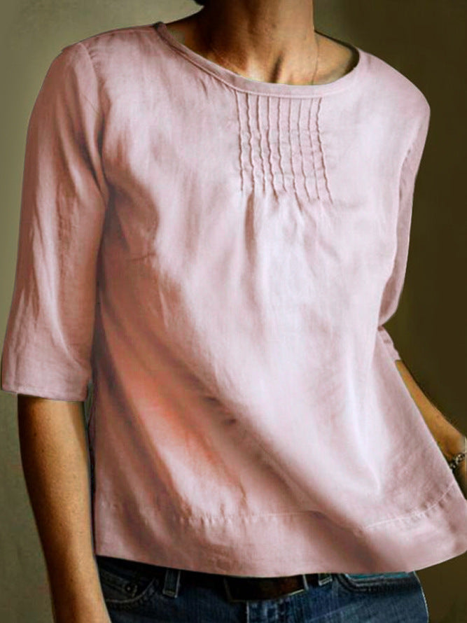 Blouse Femme En Mélange Coton Lin Coupe Ample Manches Trois Quarts Plis Devant Élégante