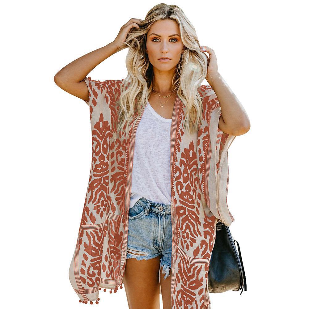 Damen Luftige Kimono-Cardigan mit aufwändigem Muster und fransenbesetzten Saum Amawinc