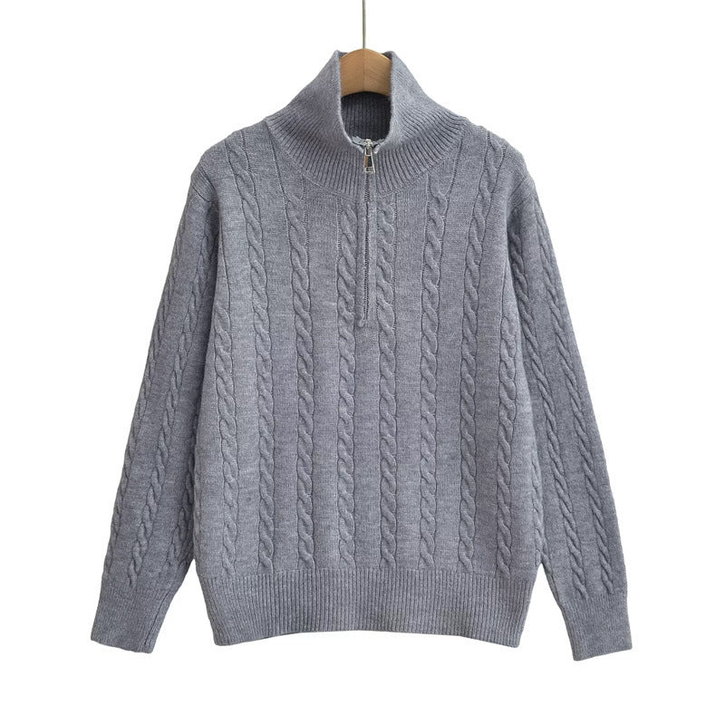 Damen Strickpullover mit kurzem Reißverschluss und Zopfmuster Amawinc