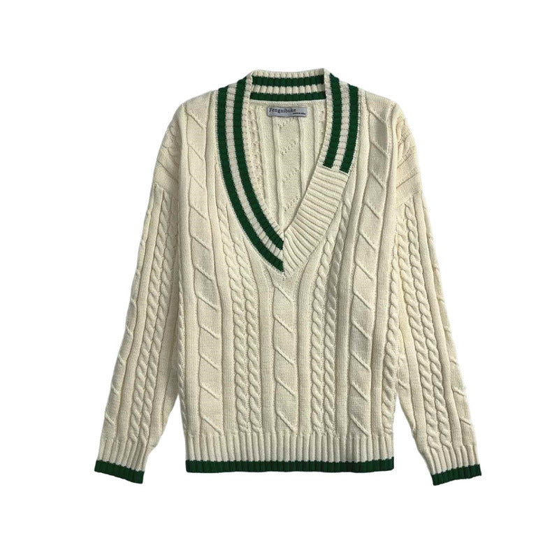 Damen Strickpullover mit V-Ausschnitt und Zopfmuster Amawinc