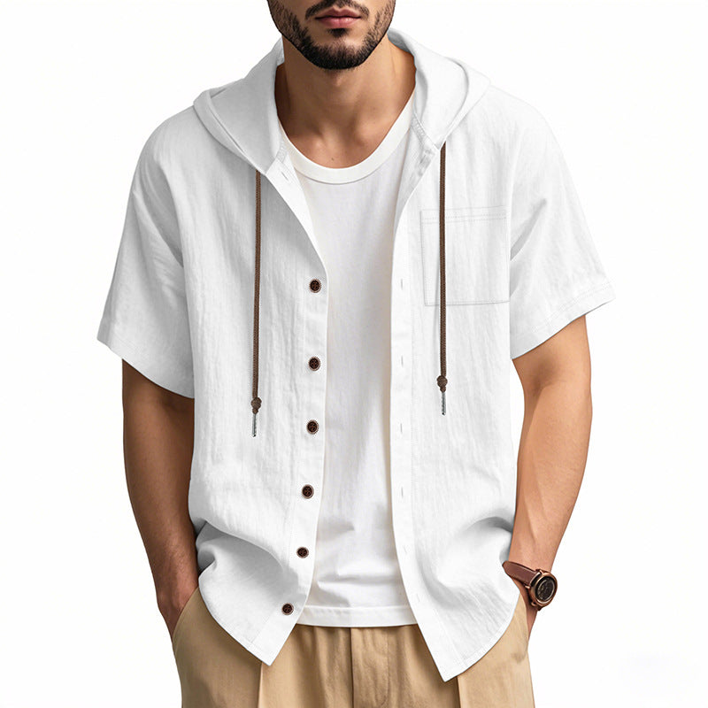 Chemise À Capuche En Lin Mélangé Pour Homme Manches Courtes Coupe Décontractée Fermeture Bouton Idéale Pour L'Été