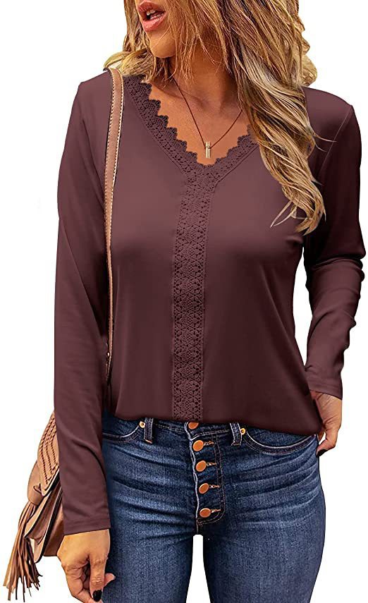 Damen elegantes V-Ausschnitt Longsleeve-Shirt mit Spitzenbesatz Amawinc