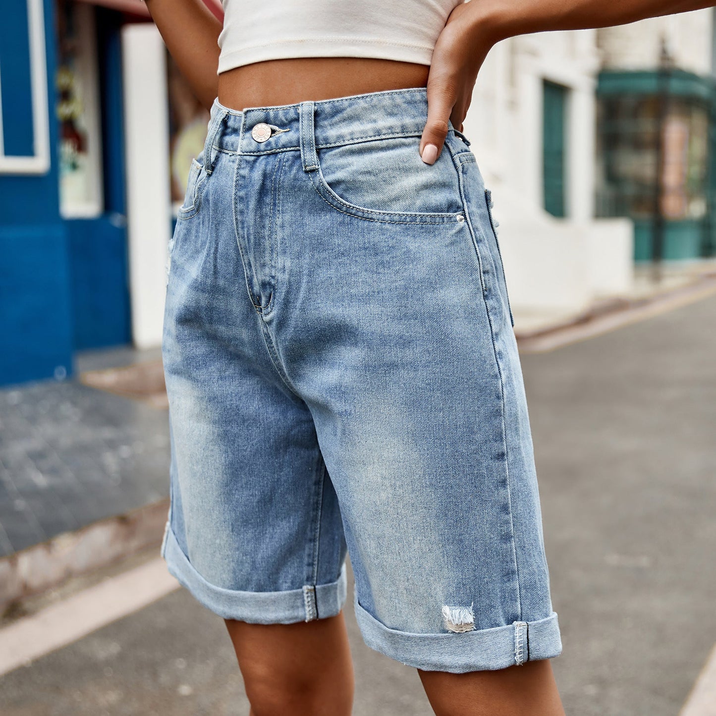 Damen entspannte Denim-Shorts mit umgeschlagenem Saum Amawinc