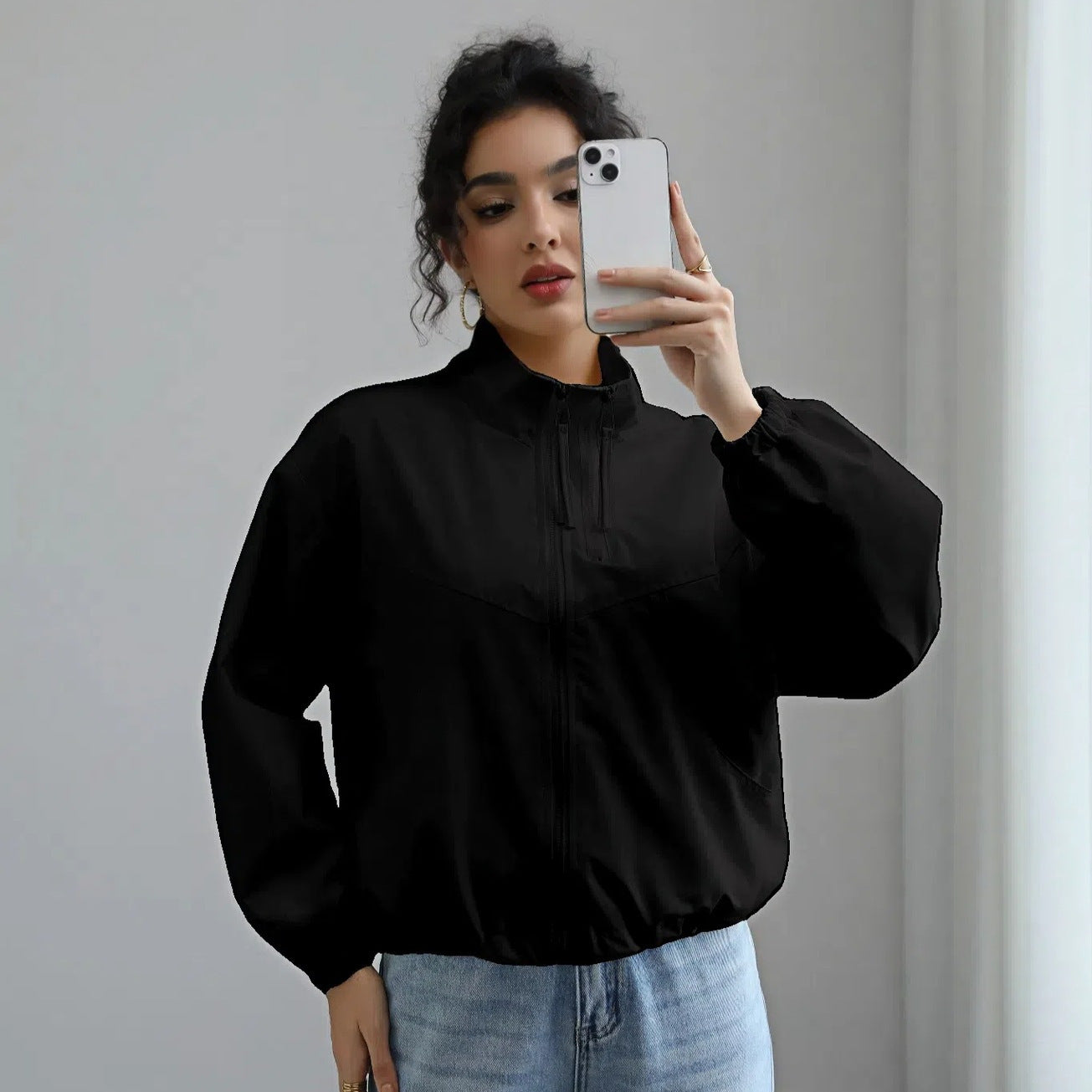 Damen modische Übergangsjacke mit hohem Kragen und elastischem Bund Amawinc