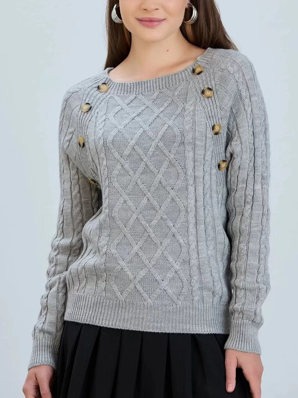 Damen Strickpullover mit klassischem Rautenmuster und dekorativen Knöpfen Amawinc