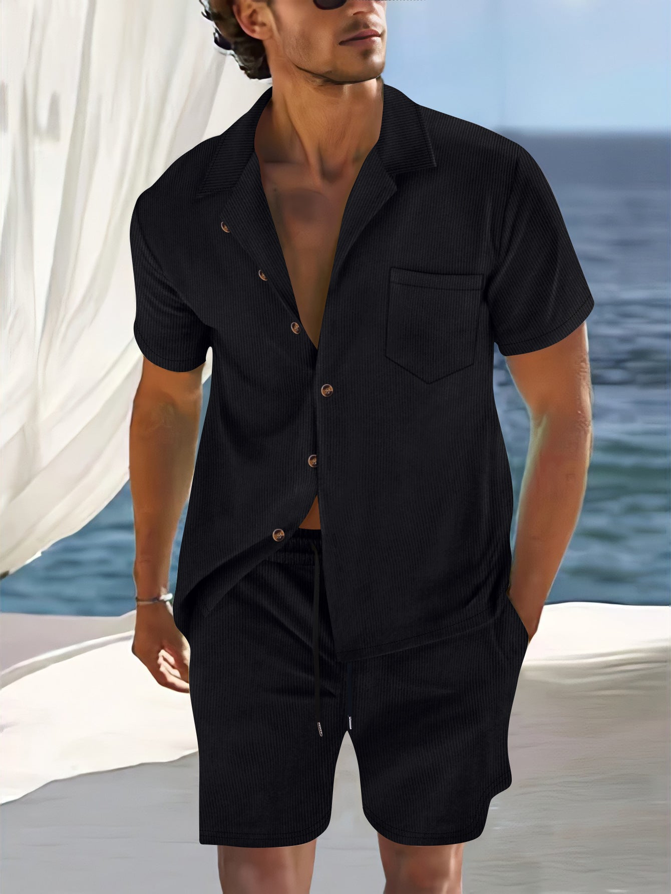 Ensemble Homme Chemise Et Shorts Coupe Décontractée Col Cubain Coton Mélangé Léger Pour Été