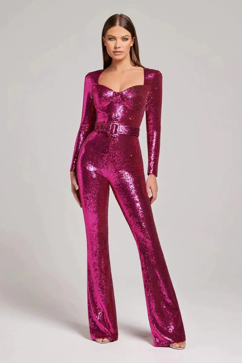 Damen Glamouröser Pailletten Jumpsuit mit schicker Taillierung Amawinc