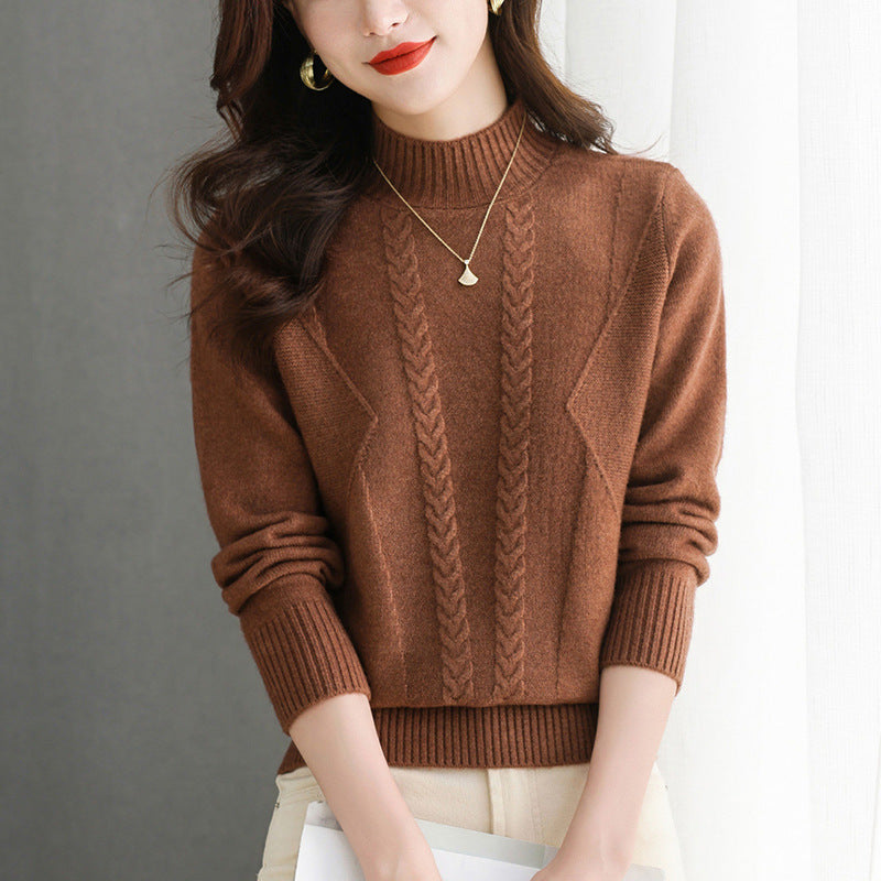 Damen Grobstrickpullover mit elegantem Zopfmuster und hohem Kragen Amawinc