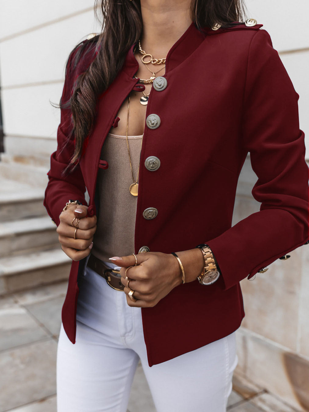 Blazer Femme Slim Fit Col Mandarin Boutons Métalliques Longueur Courte Pour Le Travail Et Les Sorties