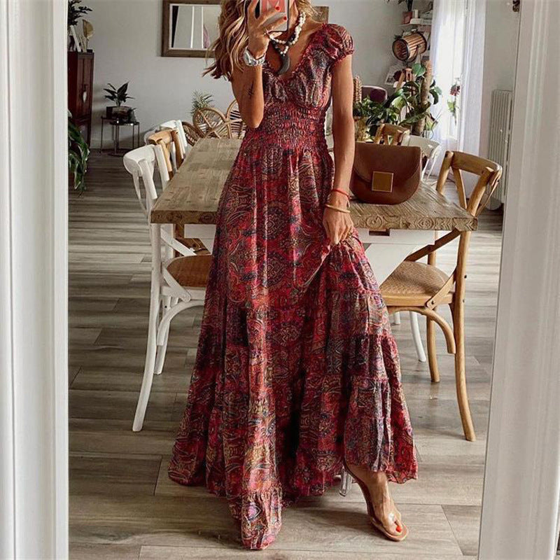 Robe Maxi Femme Col En V Buste Smocké Jupe À Étages Coton Respirant Amawinc Confortable Légère
