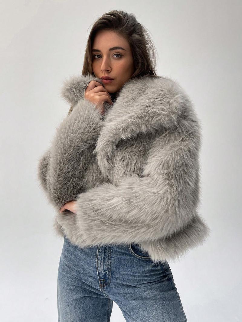 Damen Modischer Kunstpelz-Cropped-Jacke mit voluminösen Ärmeln Amawinc