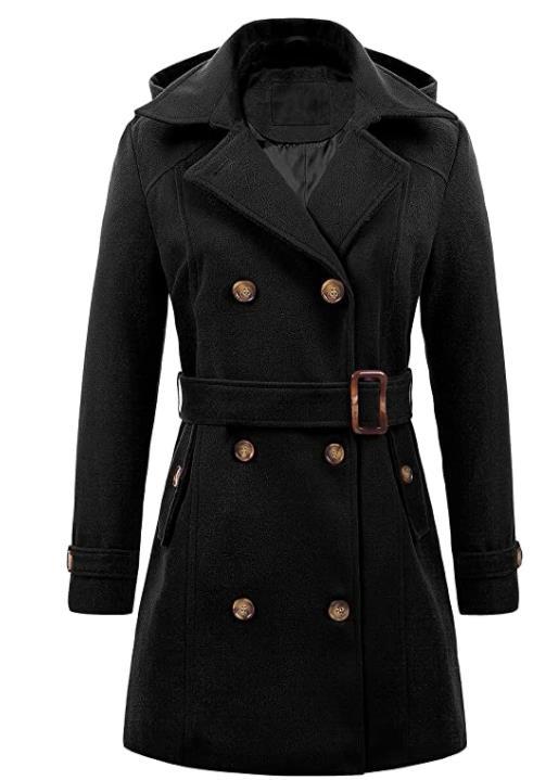 Damen eleganter Peacoat mit doppelter Knopfleiste und Taillengürtel Amawinc