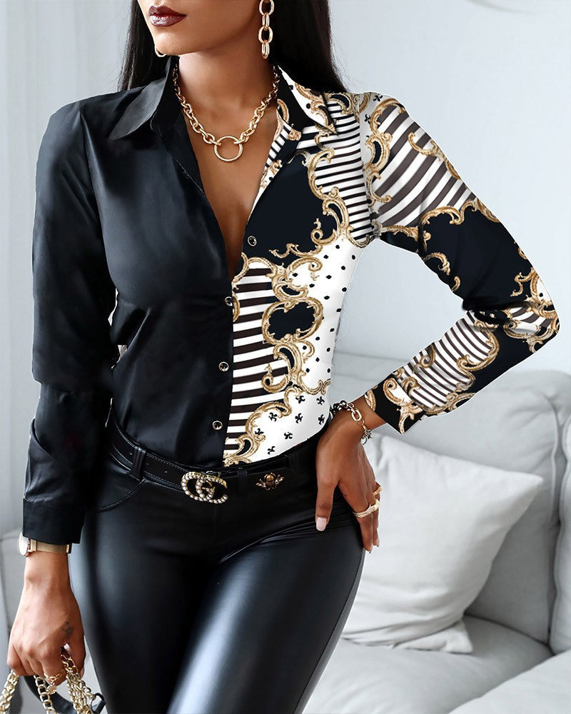 Chemise Femme À Boutons Motif Chaîne Imprimé Col Classique Manches Longues Élégante Polyvalente Pour Tenues Décontractées