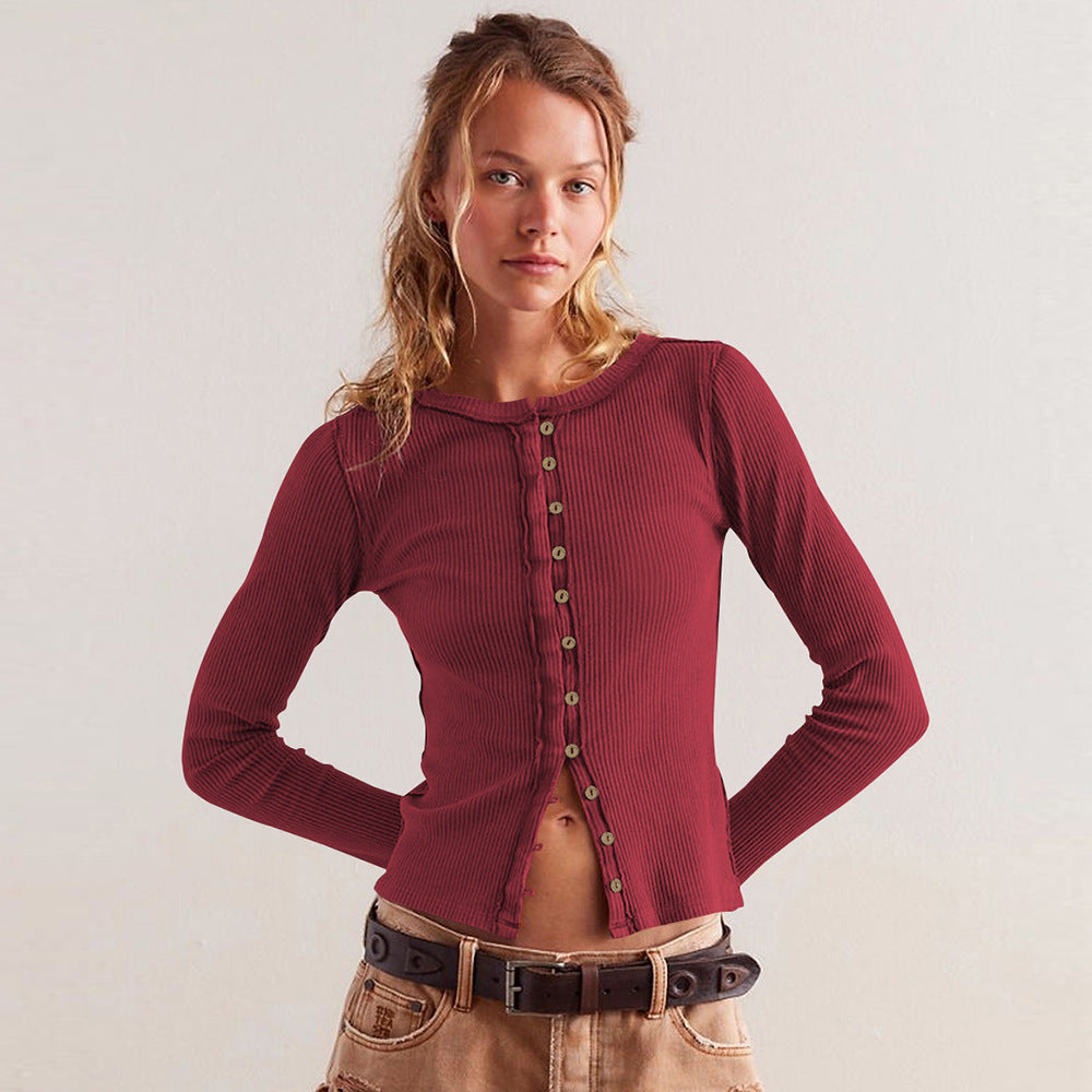 Damen Langärmliges Rippoberteil mit durchgehender Knopfleiste und figurbetontem Schnitt Amawinc
