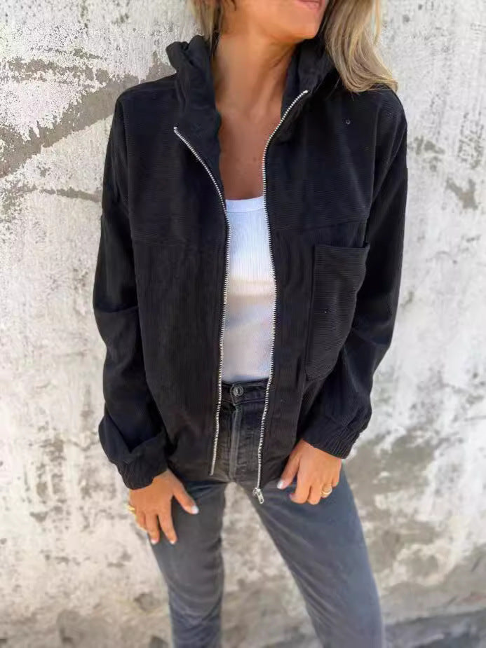 Veste À Capuche En Velours Côtelé Coupe Décontractée Zip Frontal Manches Élastiques Tenue Décontractée