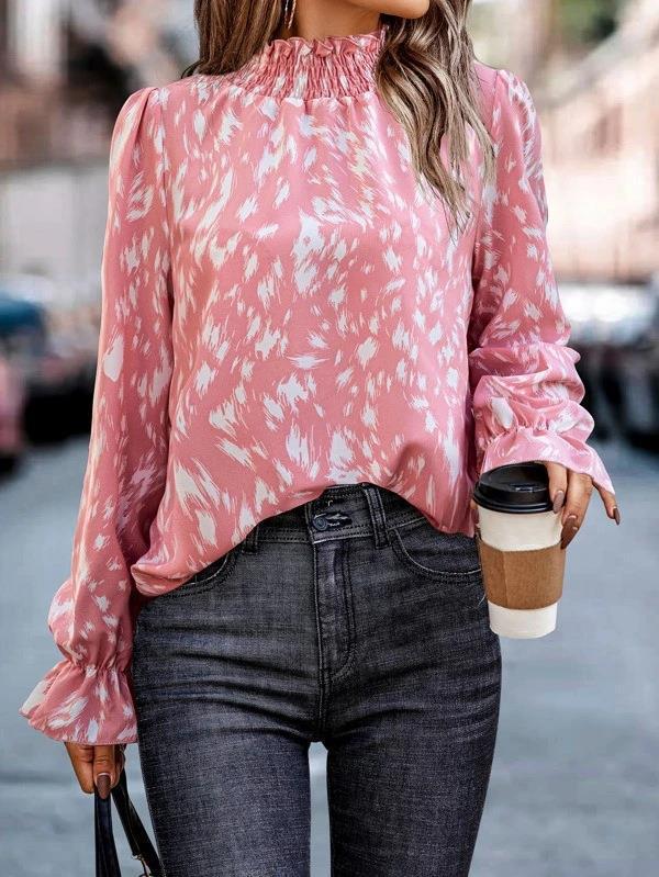 Damen elegantes Blusenshirt mit Rüschenkragen und tierischem Muster Amawinc