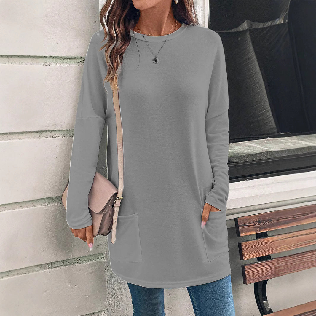 Sweatshirt Femme Décontracté Longueur Tunique En Coton Mélangé Col Rond Poches Latérales Confort