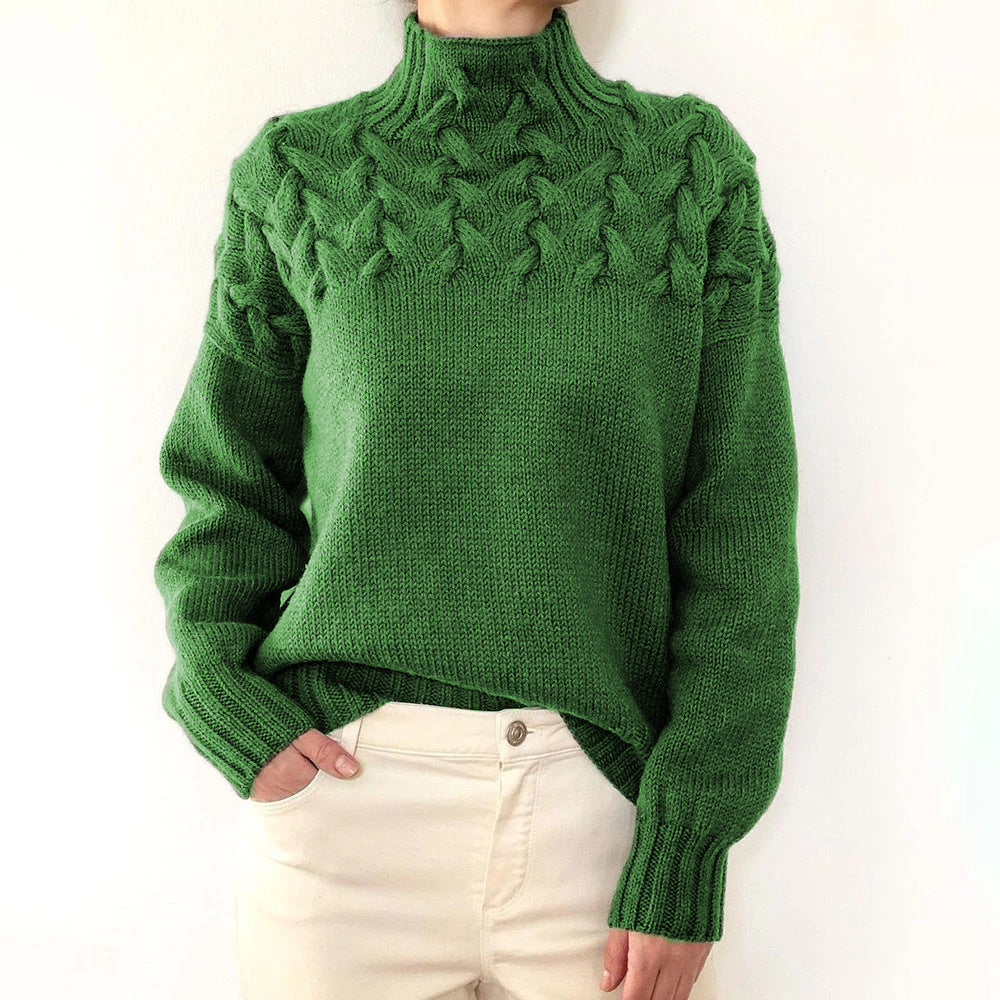 Damen Strickpullover mit hochgeschlossenem Kragen und trendigem Zopfmuster Amawinc