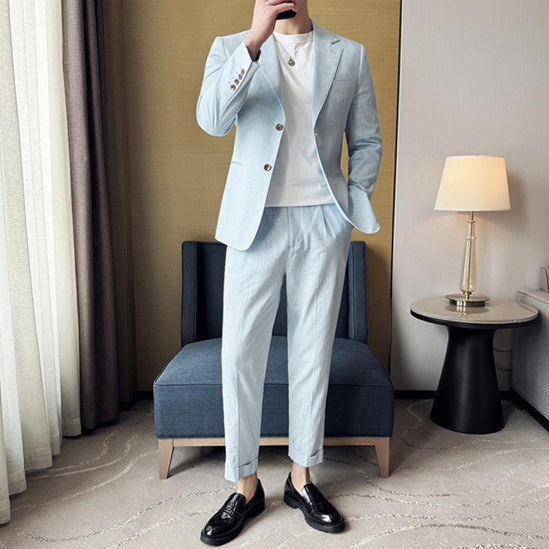 Veste Homme Slim Fit En Mélange Coton Lin À Simple Boutonnage Et Revers Cranté Pour Décontracté Ou Formelle