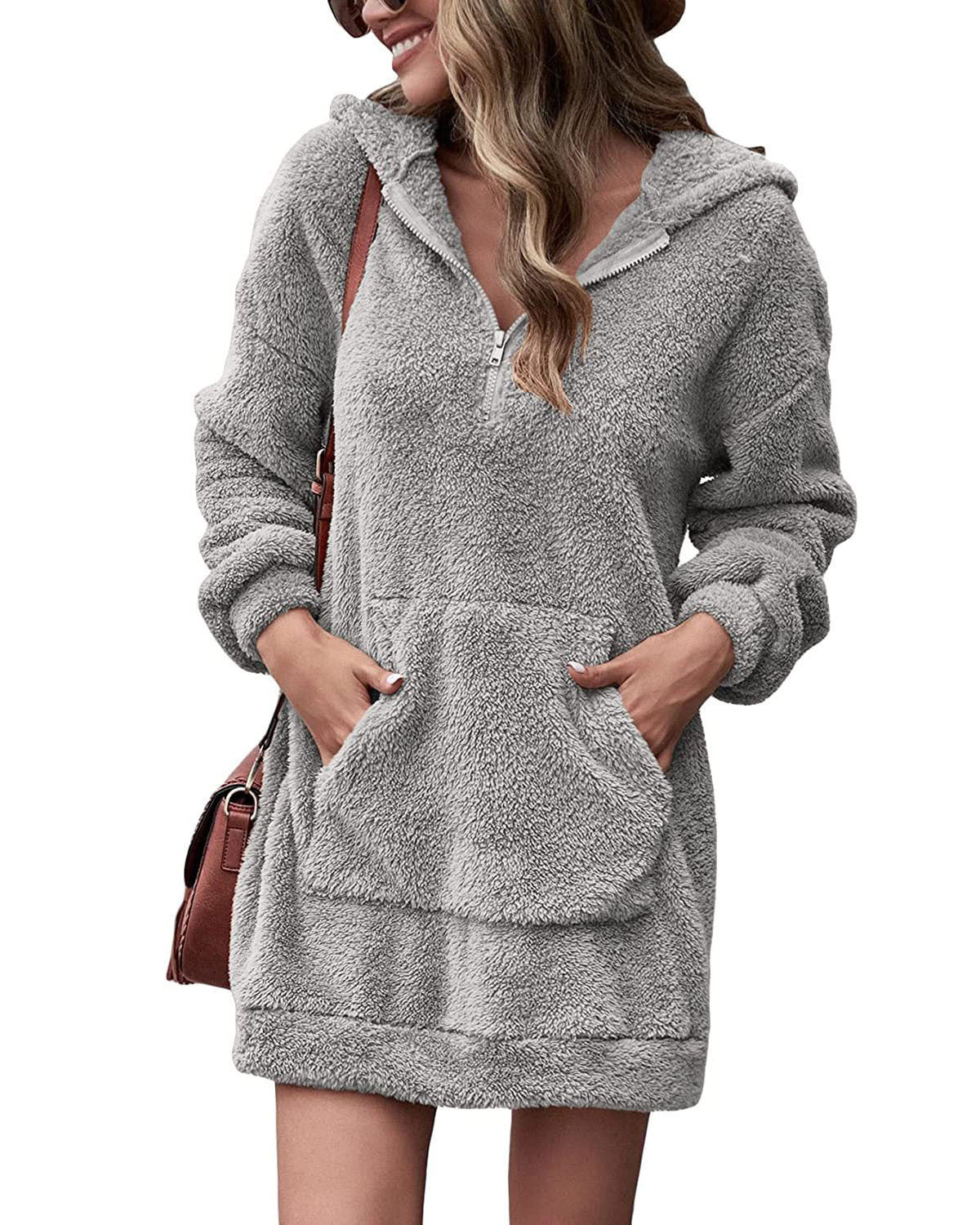 Damen Fleece-Kapuzenkleid mit Taschen und Reißverschluss Amawinc