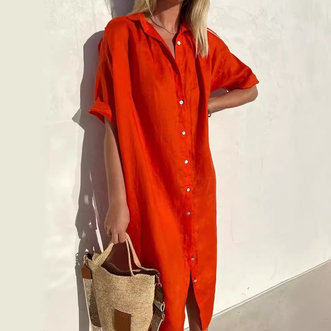 Robe Chemise Femme En Mélange Coton Lin Coupe Décontractée Manches Courtes Boutonnage