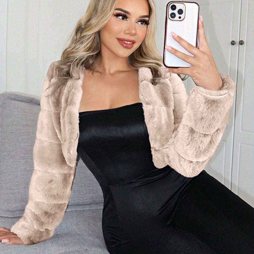 Damen Kurze Kunstpelzjacke mit breiten Ärmeln Amawinc