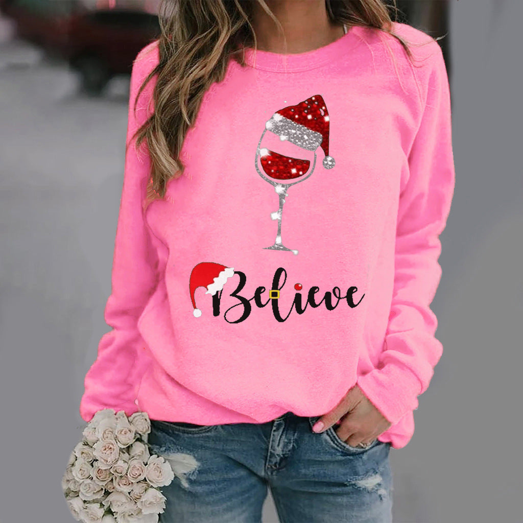 Sweatshirt Femme Coupe Décontractée en Mélange Coton Col Ras du Cou Graphique Festif
