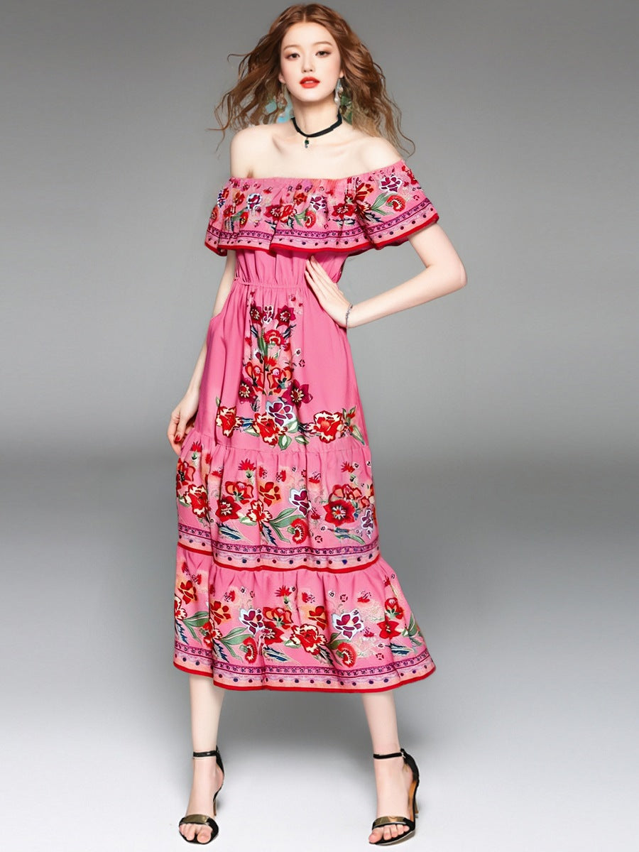 Robe Maxi Femme Épaules Dénudées Motif Floral Froncé Buste Jupe À Étages Élégante Été Amawinc