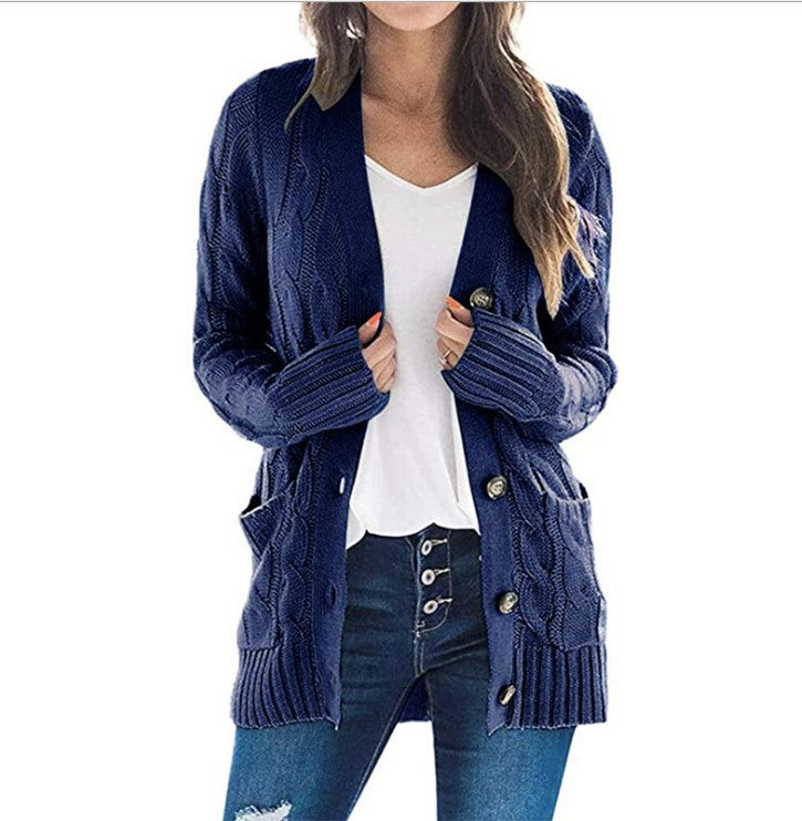 Damen Strickjacke mit Kabelmustern und großen Knöpfen Amawinc