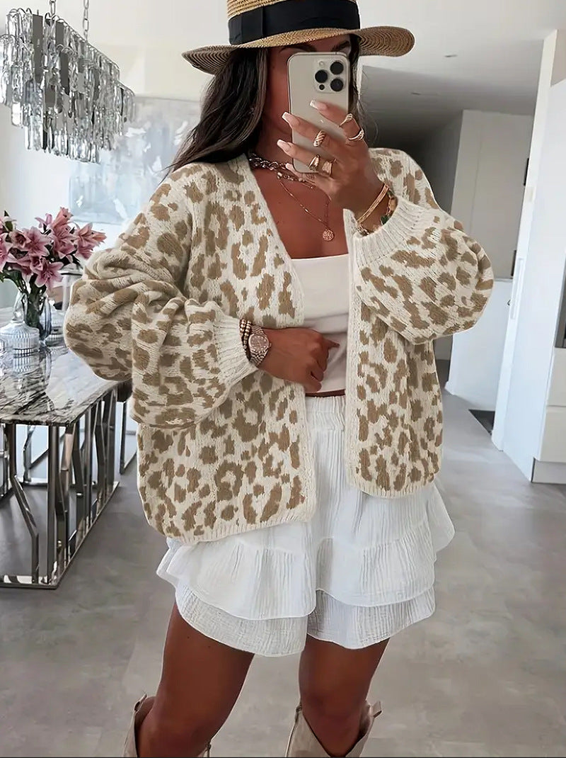 Damen lässiger Strickcardigan mit elegantem Leopardenmuster Amawinc