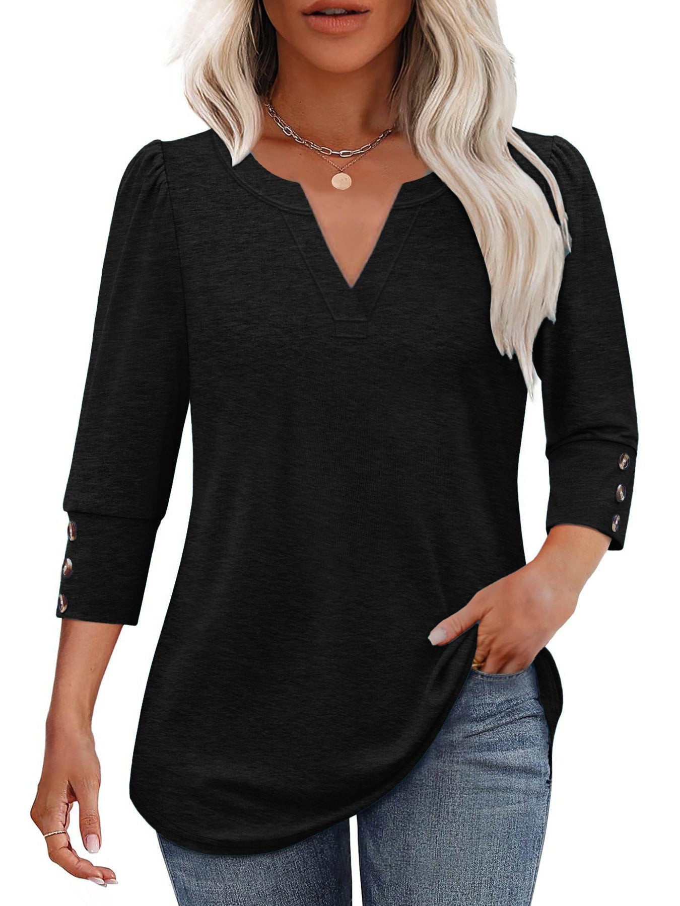 Damen V-Ausschnitt Bluse mit dekorativen Knopfdetails Amawinc