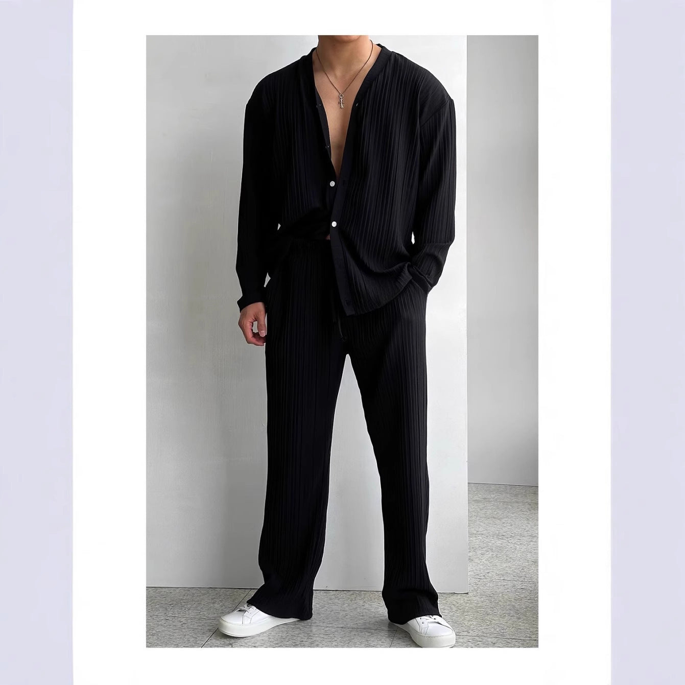 Ensemble Homme Décontracté Avec Texture Plissée Chemise Et Pantalon Nordic Flair Pour Sorties Décontractées