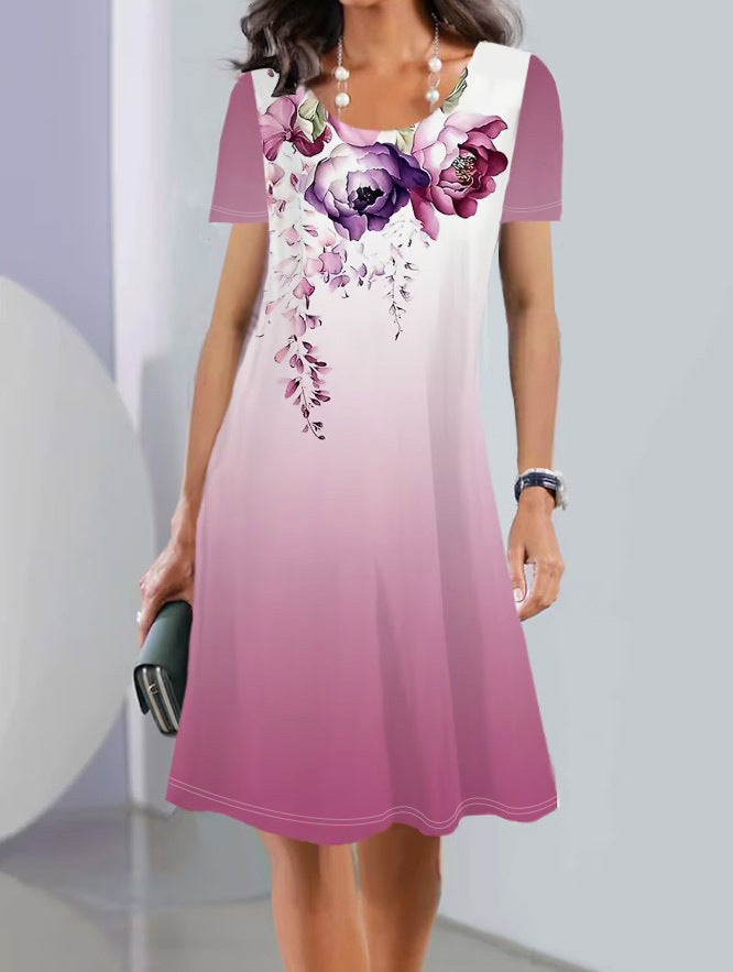 Robe A Line Femme Imprimé Fleuri Manche Courte Tissu Coton Confortable Longueur Genou Idéale Été Décontractée