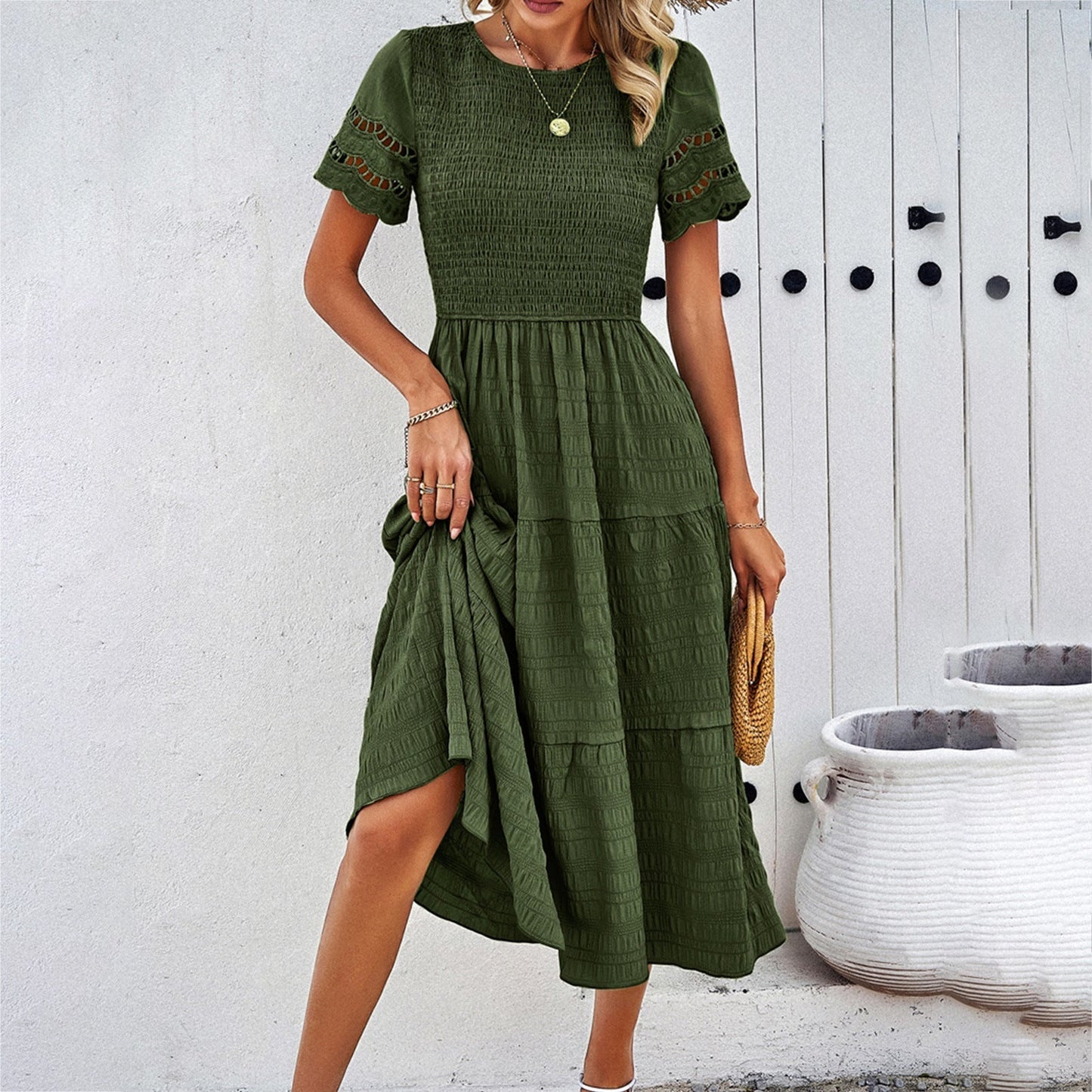 Robe Midi Femme Buste Smocké Manches Courtes Découpées Jupe En Couches Coupe Ample Amawinc